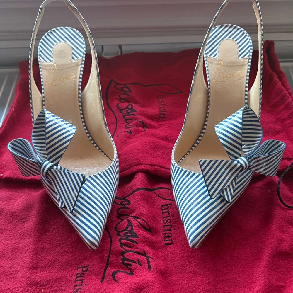 Christian Louboutin Blue and White Striped Slingback Heels